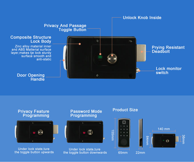 ब्लैक जिंक मिश्र धातु सामग्री रिम लॉक के साथ स्मार्ट सुरक्षा स्वचालित पासवर्ड कार्ड बोल्ट लॉक 2