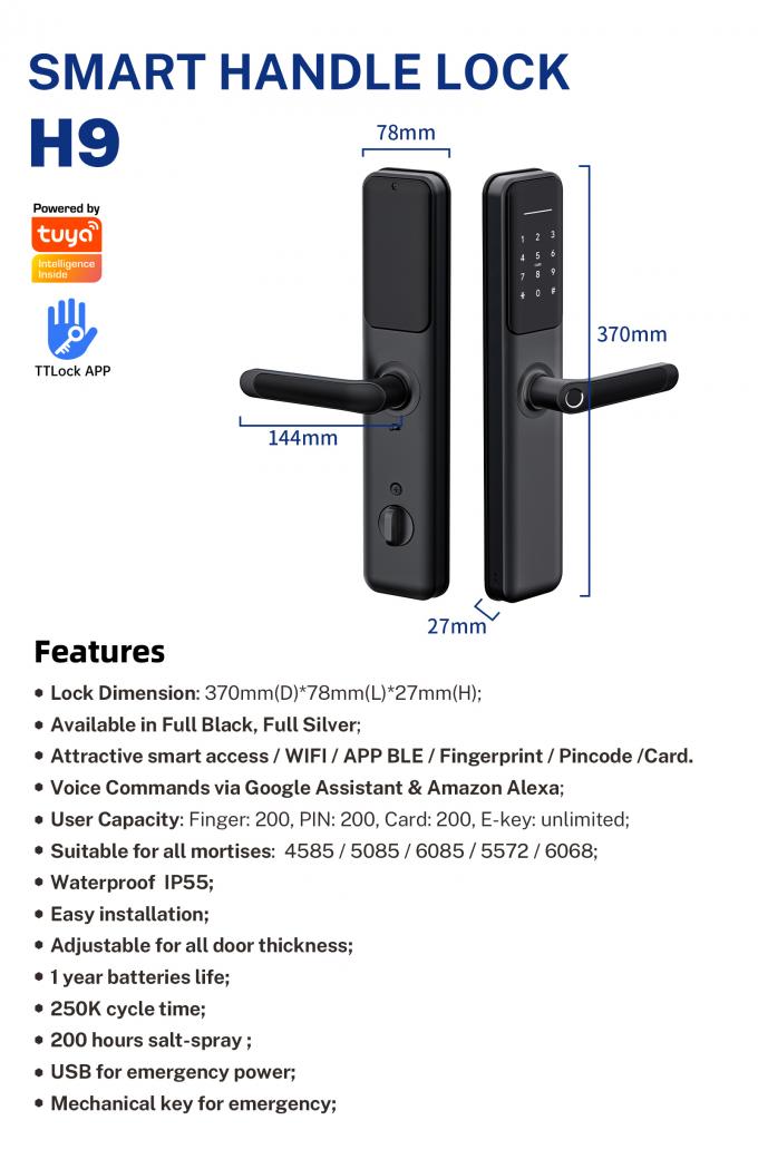टुया वाईफाई स्मार्ट इलेक्ट्रिक डिजिटल डोर लॉक वाटरप्रूफ फिंगरप्रिंट डोर लॉक 6